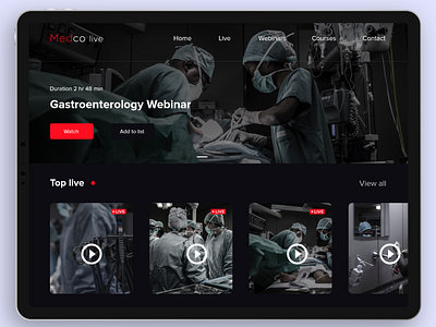 Streaming page design  for medical students. UI Design