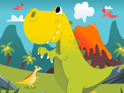 Super Cute Cartoon T-rex Prehistoric Scene