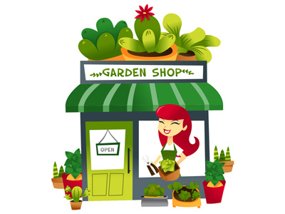 Cartoon Garden Shop With Storekeeper At the Window