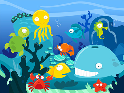 Under The Sea Happy Marine Sea Creatures animals crabs fishes marine life octopus scene sea creatures turtles