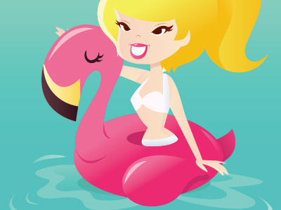 Cartoon Retro Happy Bikini Girl On Flamingo Pool Float