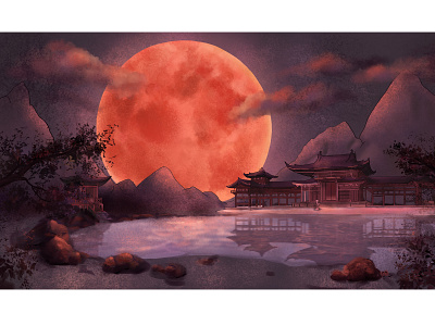 Japanese Temple blood moon illustration jananese night photoshop red temple