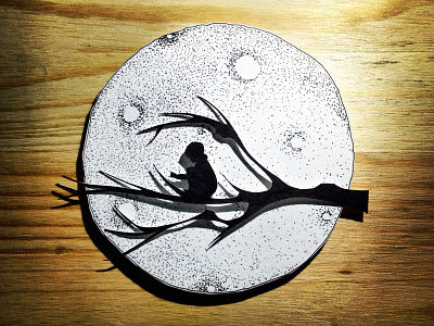 In Deep Thought black branch crater dots hand cut hand drawn moon paper paper cutting stippling white