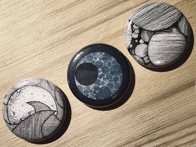 Buttons buttons circles crescent handmade illustrated moon pins waves