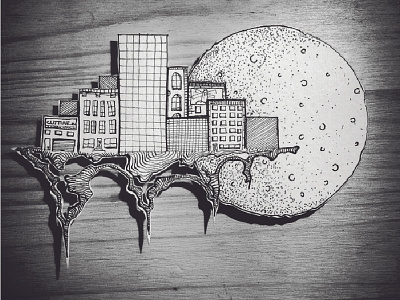 Floating City buildings city floating handcut handmade ink moon papercutting xacto
