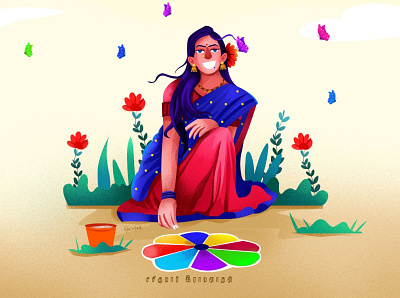 Girl drawing kolam character design illustration tamil girl thavani girl trending illustration village girl