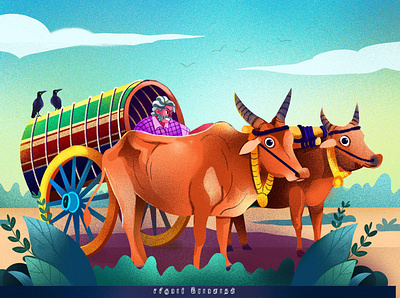 Bullock cart bullock bullock cart character design character illustration illustration character trending illustration village life