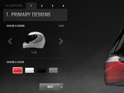 Helmet Designer App - alt direction (XCU) app button carbon fiber color options color picker contest custom customize design designer grey helmet mesh modal racing smoke steps tabs texture widget