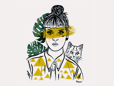 Portrait of a Girl with a Cat art cat character design girl illustration illustrator line line art minimalist portrait vector