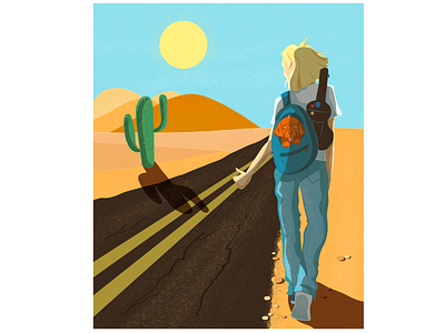 Hitchhiker boy desert hitchhiker illustration puppy road summer