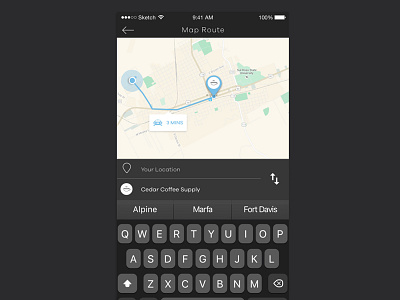 Coffee Finder App | Map Route coffee coffee app coffee shop app dark ui find coffee ios9 ios9 keyboard map route ux