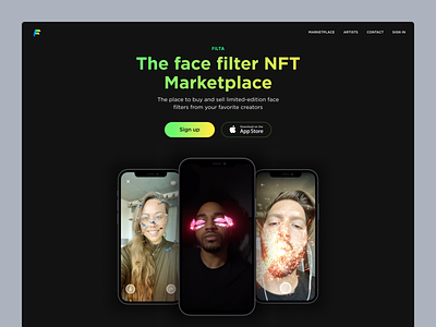Face Filter NFT Marketplace 3d 3d arts bitcoin ethereum face filter gallery marketplace metaverse nft nft landing ui website