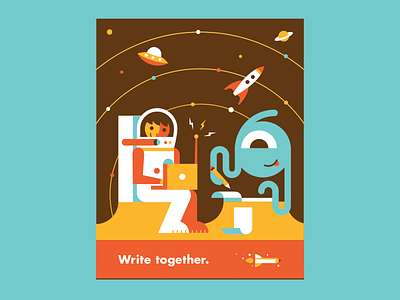 Write Together alien astronaut flat illustration laptop pencil rocket rocket saturn solar system ufo write