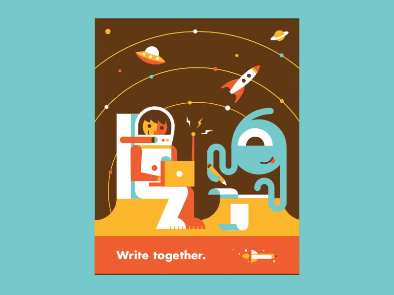 Write Together pencil rocket saturn laptop write alien astronaut ufo rocket solar system flat illustration