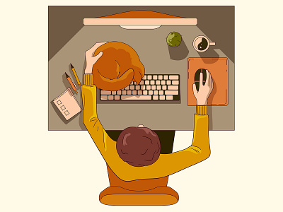 Workplace autumn cat cute fall flat ginger illustration kawaii minimal palette table top view workplace workspace