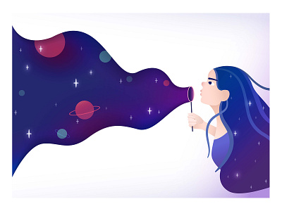 Girl blowing universe 3d blue bubble bubble blower flat flat design girl illustration minimal universe