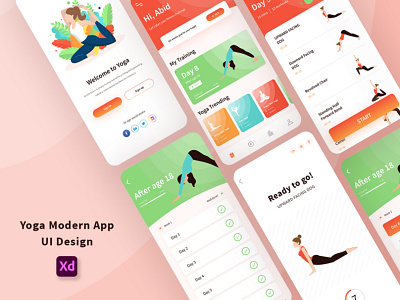 Yoga Modern App UI Design app best free yoga apps 2020 design exercise fitness app gym illustration illustrator lady mobile ui relaxation technology ui userinterface ux web xd yoga yoga kit