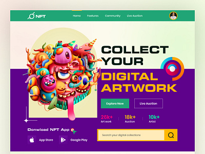 NFT Digital Artwork Landing Page app artwork branding colorful crypto design digital discover illustration landing page marketplace nft product sales shop template ui ux vector website
