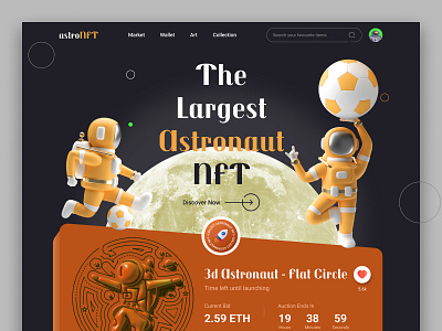 Astronaut NFT Landing Page art astronaut black crypto design ethereum football homepage illustration landing page nft nft artwork nft market nft space rocket space themes ui ux website