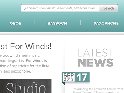 Just For Winds site reskin music oboe bassoon retail saxophone search bar sheet music teal turquoise website