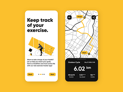 Exercise Tracker android app application bicycle calorie concept exercise flat health illustration iphone app map minimal mobile ui ride simple timer tracker uiux yellow yoga