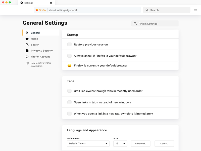 Browser Settings chuckmcquilkin settings page settings ui settings web browser browsers browser web design ui