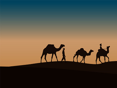 Two Caravan with camels in the desert on Mountains Illustration