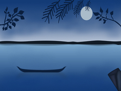 Night landscape with moon, river and boat Illustration design beach blue landscape nature ocean palm sea sky summer sun sunset water