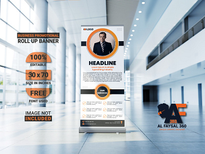 Business Promotional Roll Up Banner ad alfaysal360 blue booklet template business promotional banner commercial communication empty fair info leaflet object orange promotional roll up stand screen target theme view