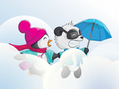 Penguin Sue and Panda Simon character illustration