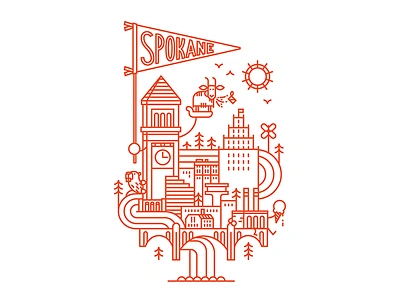 Spokane! characters city illustration line minimal pnw poster print simple spokane