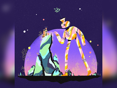 Close encounter of the third kind animation art artwork characters colorful design giant hilltop illustration moon mountain nature night pattern planets sky stars sun tinyhouse universe