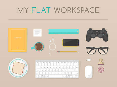 Workspace book coffee flat glasses headsets iphone keyboard mouse playstation sandwich stamp workspace
