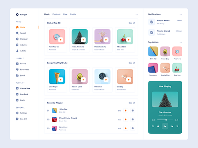 Rungon - Music Streaming Dashboard album apple concert design joox live music netflix play playlist podcast radio song spotify streaming ui uidesign uiux ux web