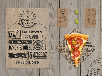 PizzaLista Stationery delivery food menu pizza slice stationery typography vintage wood