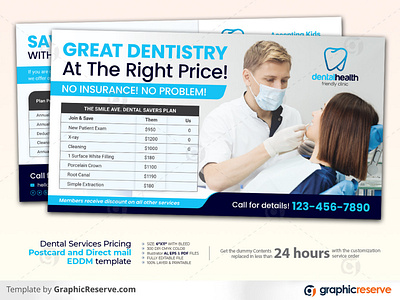 Dental Services Fee Pricing Postcard & Direct mail EDDM template