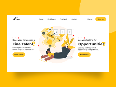 Hiring Website Landing Page design freelancing hire hireme hiring landingpage opportunities pen penguin ui uiux ux yellow