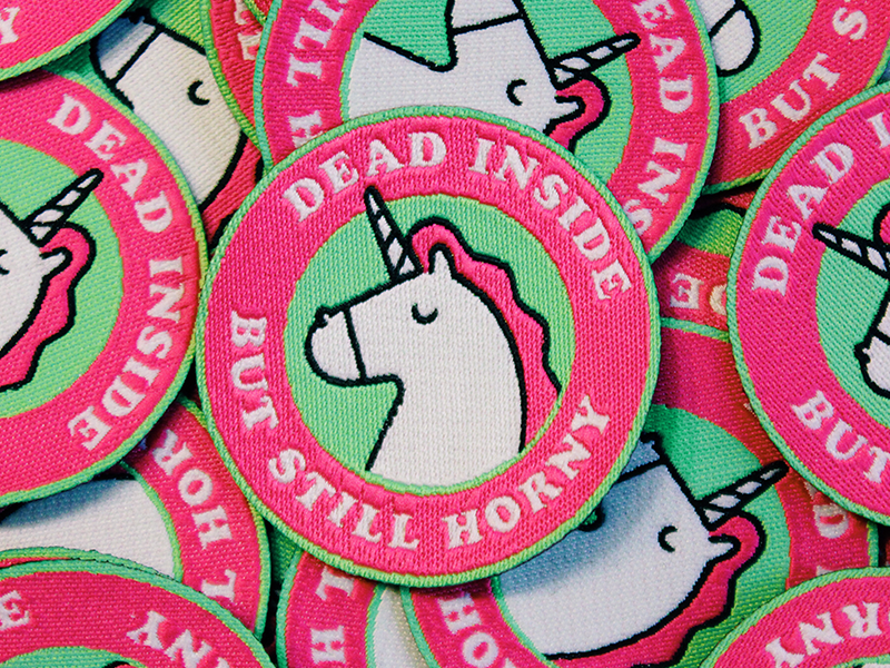 Dead inside but still horny badge dead fashion icon line lineart patch pink unicorn vector