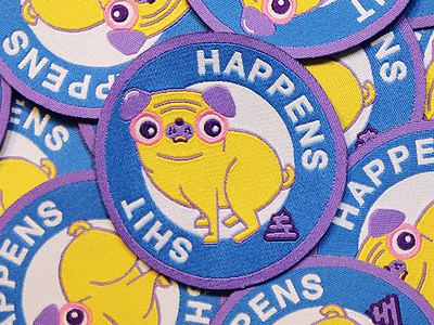 SHIT HAPPENS PATCHES badge dog fashion icon illustration patch pug shit vector