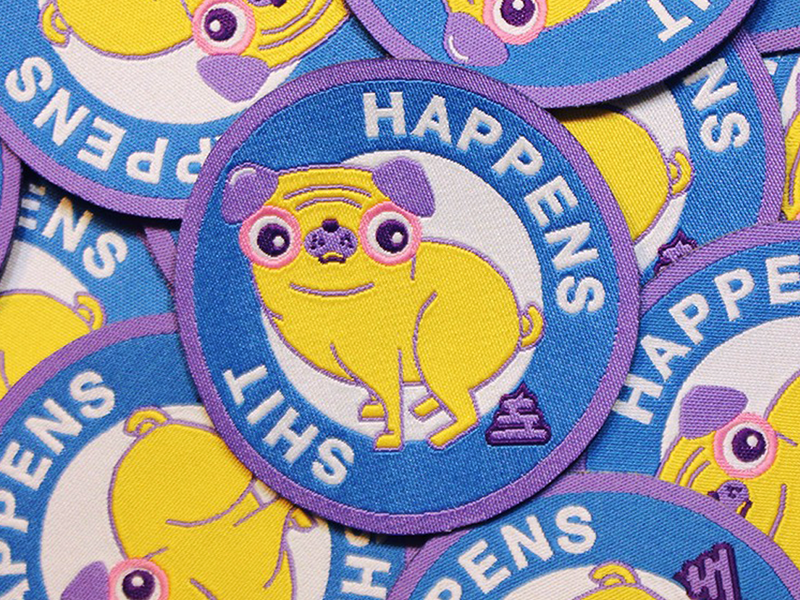 SHIT HAPPENS PATCHES shit badge illustration vector icon fashion patch dog pug