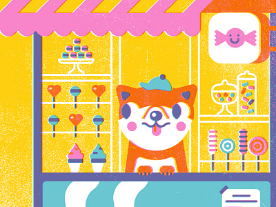 Shiba Candy Shop 2d art candy character design dog flat food fun geometric illustration illustrator line minimal shop vector