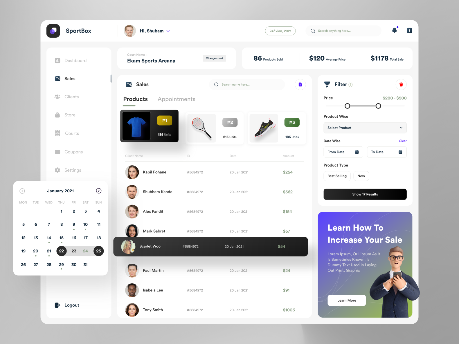 SportBox - Courts & Products Mgmt. dashboard. by Shubham Chaturkar on ...