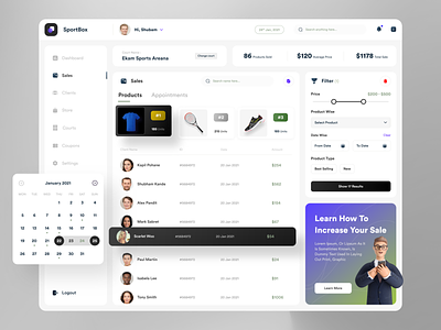 SportBox - Courts & Products Mgmt. dashboard. calendar ui client management dashboard design dashboard ui design filters illustration management app products sales sports ui ux