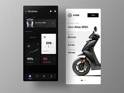 Ather Electric Vehicle Dashboard app battery charging station dark mode dashboard ui design electric scooter ev mobile ui onboarding ui ui uidesign