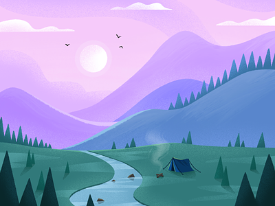 Mountains, Landscape and Camping art calm camping colorful design environment flat illustration illustrator land landscape meditation mountains nature relax scene sky sun trees view