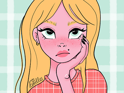Is it Friday yet? annoyed black blonde bored bright drawing expression girl greeneyes linework longhair pastel procreate