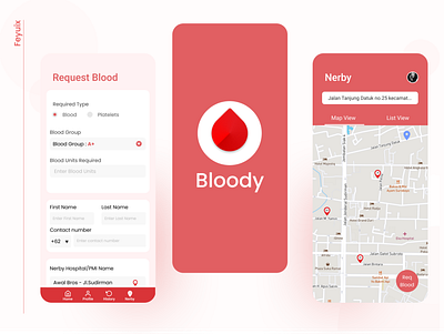 Bloddy - Blood Donor App app design blood donation design donation app donor figma form design landing page map red ui uidesign uiux ux