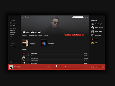 Music App Home Page artists dailyui dark dark mode design illustration music music app red ui ux webdesign