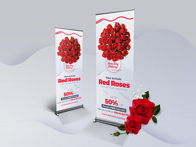 Roses Roll-Up Banner PSD arrivals banner design bucket delivery service design flowers graphic print print ready professional redesign rollup roses weddings