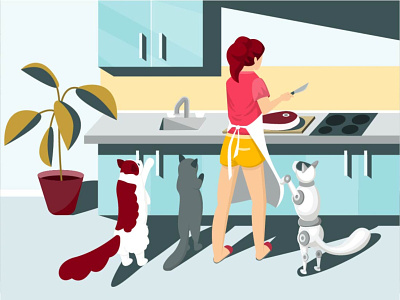 Is something wrong here? cartoon cat colorful coock design flat idea illustration kitchen minimal modern robot vector